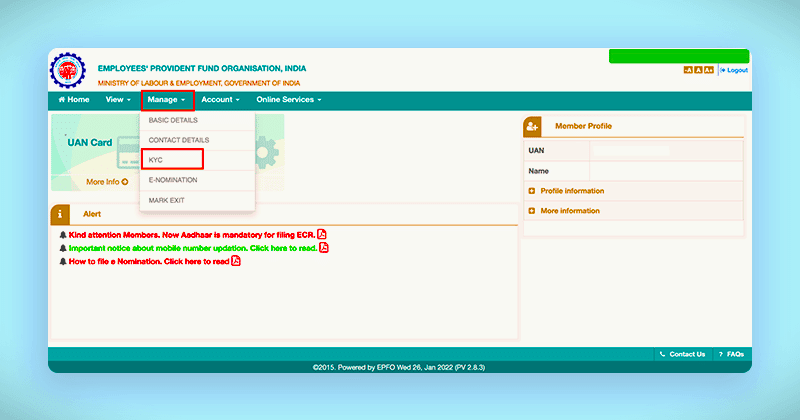 Screenshot of EPFO dashboard showing KYC verification options.