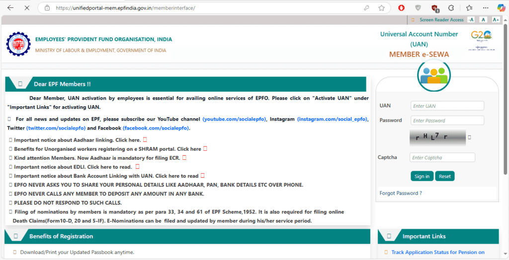 Screenshot of EPFO member portal login page.