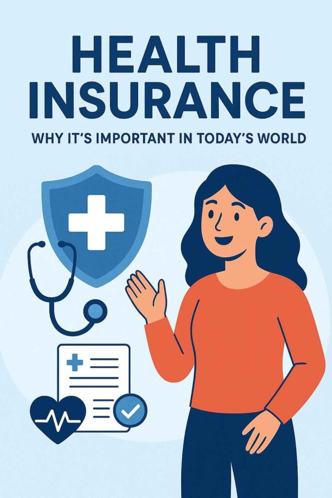 Illustration of a woman explaining health insurance with medical icons like stethoscope, shield, and heart – blog featured image on health insurance importance worldwide