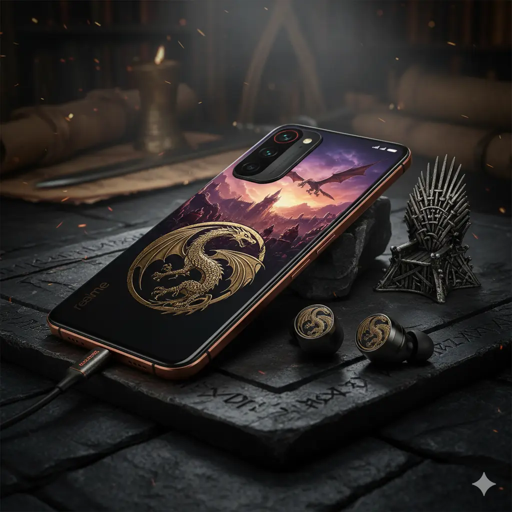Realme 15 Pro Game of Thrones Edition smartphone with a golden dragon emblem, placed next to a miniature Iron Throne and themed earbuds, showcasing its premium design.