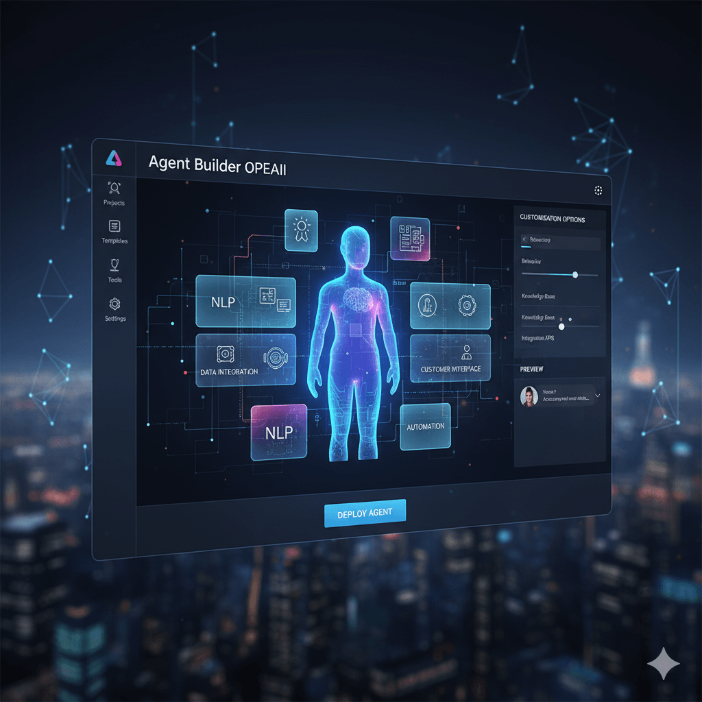 The Agent Builder OpenAI platform interface in Hinglish, showing components like NLP, Data Integration, Automation, and Customer Interface connecting to a human-like AI agent model. The title includes (एजेंटबिल्डर) and customization options are in Hinglish.